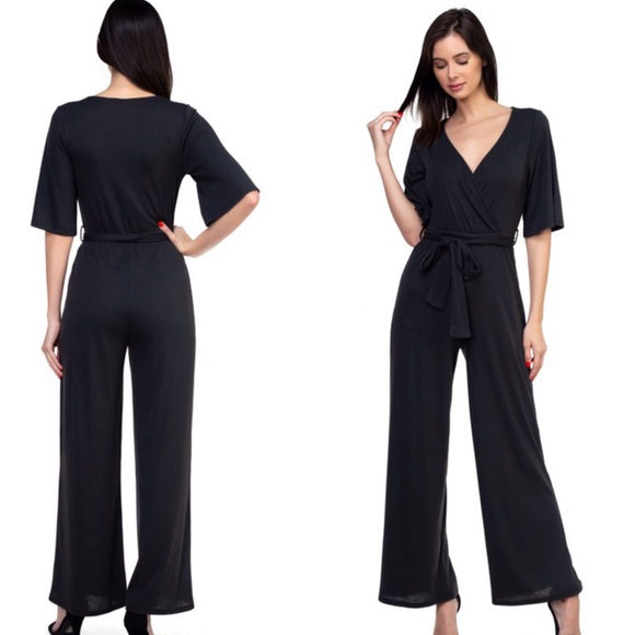 Ribbed wide leg jumpsuit in black - Picture 4 of 9